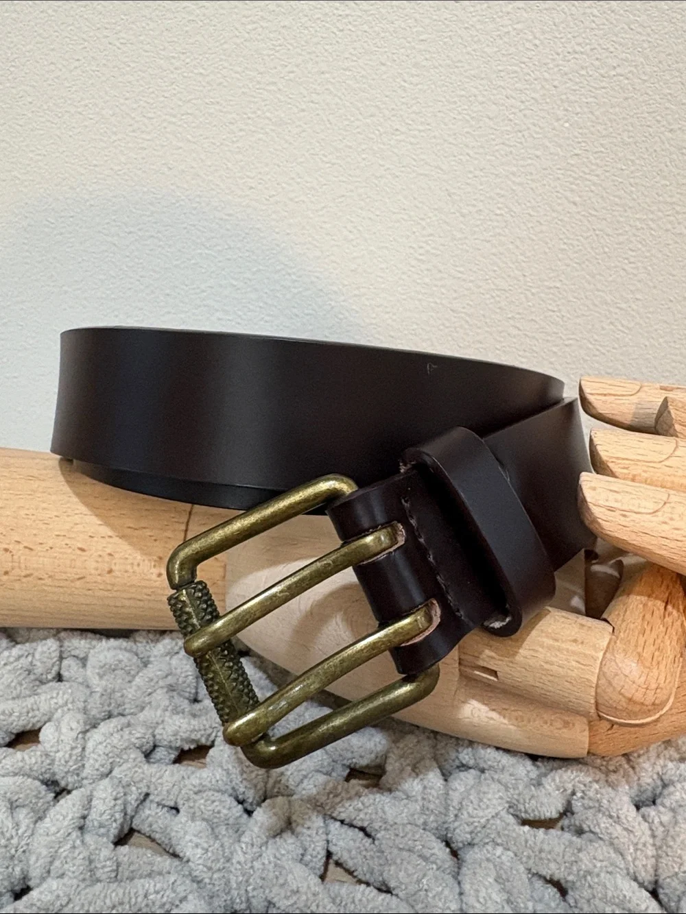 Men's Classic Dark Brown Leather Belt with Antique Brass Buckle